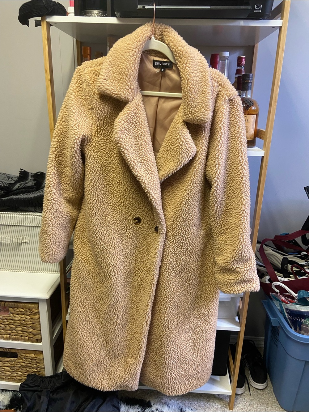 Plush Long Teddy Coat in Beige for Women - Picture 3 of 4